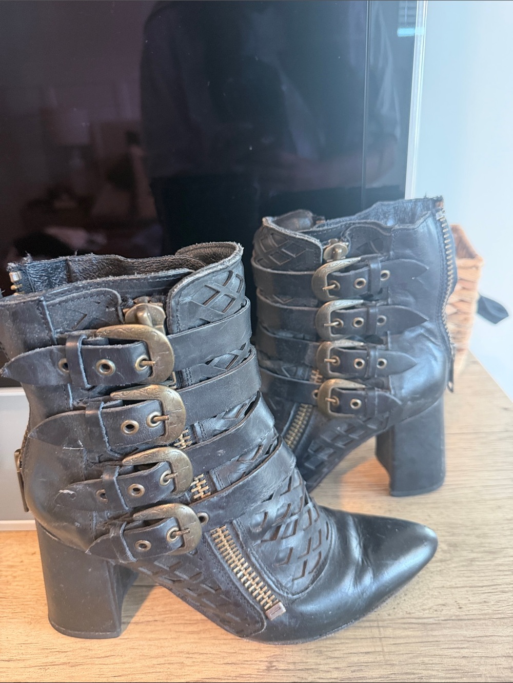 freebird Black Leather Strappy Buckle Ankle Booties